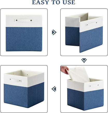 FinishingBo 13 x 13 Inch Fine Linen Storage Bins with Handles，Fabric Cube Boxs，Basket Organizers for Shelves for Home, Closet Drawers (White/Blue-6 Pack)