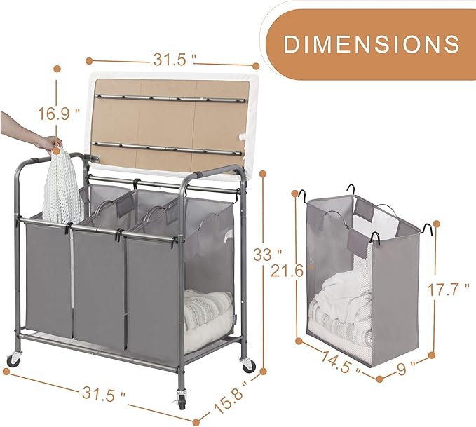 STORAGE MANIAC 3-Section Laundry Sorter with Foldable Ironing Board, Heavy-Duty Rolling Laundry Cart with and Removable Bags, Triple Laundry Hamper with Wheels, Dark Grey