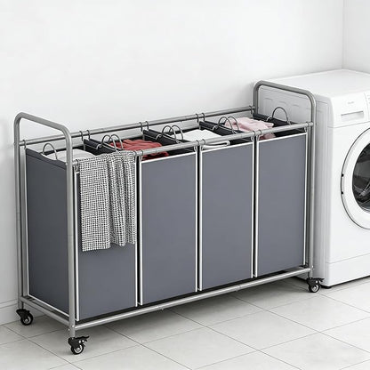 Laundry Basket, 4-Bag Laundry Hamper, Grey Laundry Sorter with Heavy Duty Lockable Rolling Wheels, Laundry Room Organization with Removable Bags Basket Separator for Dirty Clothes Storage