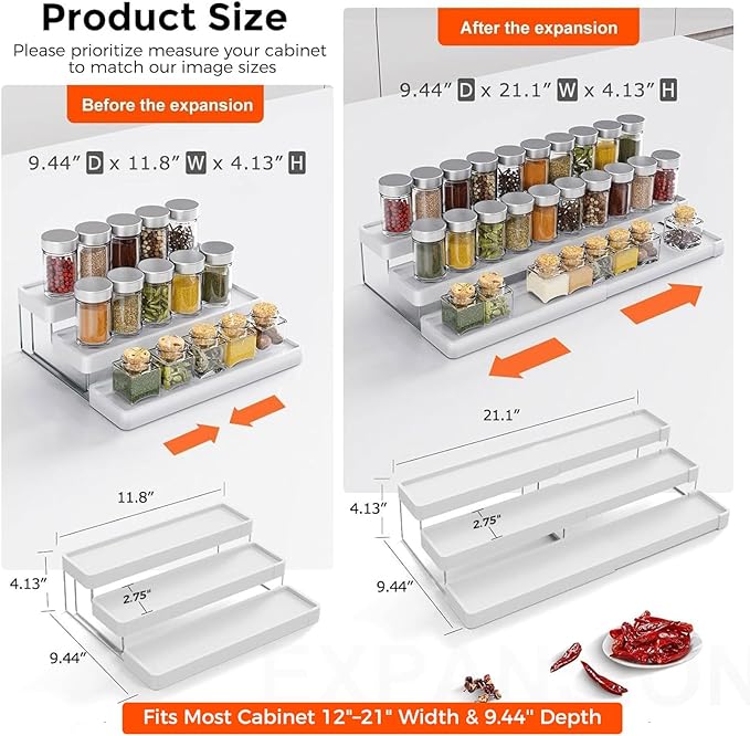 Expandable Spice Rack Organizer for Cabinet - 3 Tier Adjustable Cabinet Spice Organizer Easy Visibility - Spice Organizer for Cabinet Countertop Cupboard Pantry Organization (White)