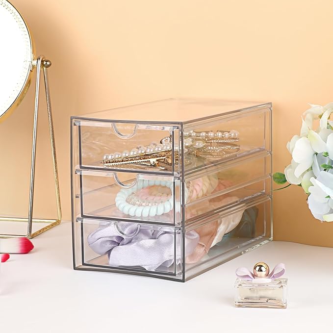 Hipiwe 3 Drawers Acrylic Drawer Organizer Clear Desktop Organizer for Hair Accessories Jewelry Stationery Office Supplies Acrylic Drawer Storage Box for Vanity Bathroom Closet