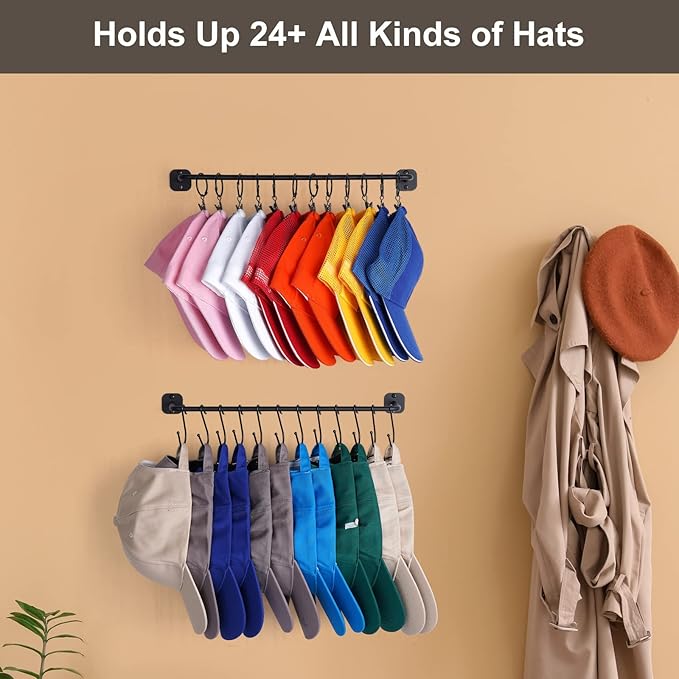 Hat Rack Wall Mount 24 Baseball Caps, Modern Metal Hook with 12 Clips and 12 Hooks Holder Storage Display for Closet Bedroom Entryway Laundry, 2 Pack Black
