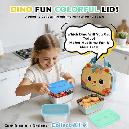 Tanjiae 3-Pack Stainless Steel Snack Containers - 550ml (18oz) Leakproof Colorful Lids with Cute Dinosaurs | LFGB Certified, Stackable Metal Lunch Box for Home, Picnic, Travel