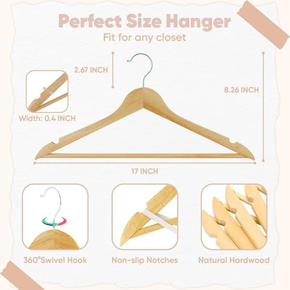 FairyHaus Wood Hangers 30 Pack, Smooth Finish Wooden Coat Suit Hangers with 360° Swivel Hook and Notches, Lightweight Natural Wood Clothes Hangers with Pants Bar