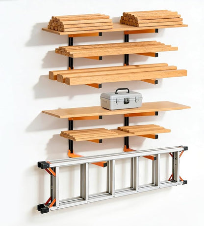 Wall Mounted Lumber Storage Rack and Wood Organizer with 6-Level Holds Up 1320 LBS, Heavy Duty Steel Shelf Brackets for Garages Workshops & Outdoor Sheds, Space Saving Metal Wall Rack
