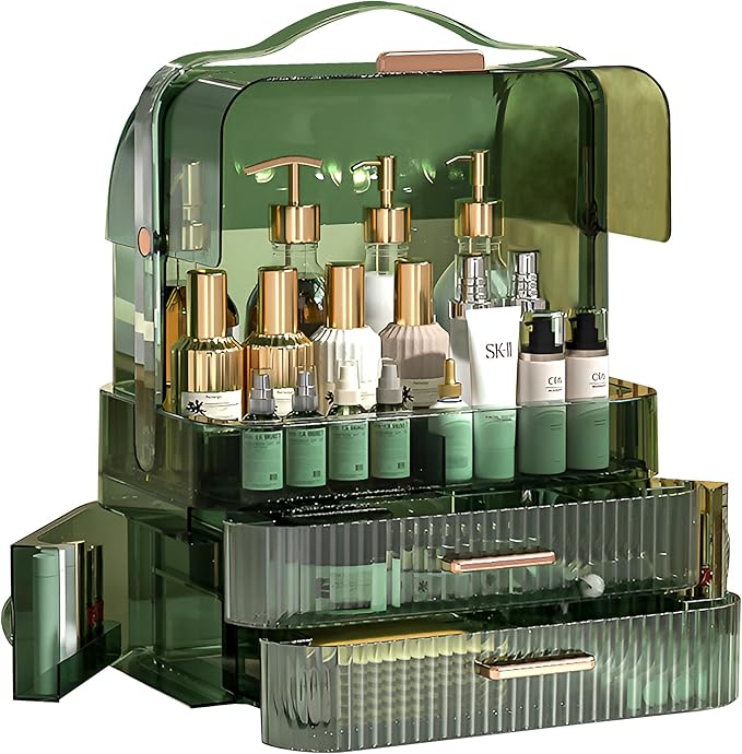 Green Drawers Portable Cosmetics Storage Box Transparent Lid Large Makeup Organizer Box Handle Waterproof Dustproof Skincare Display Cases for Countertop Bathroom Dresser