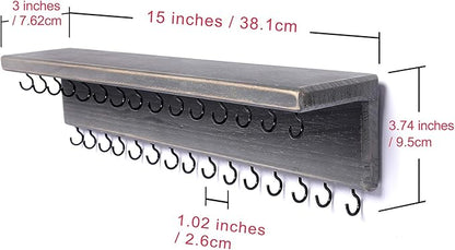 SANY DAYO HOME Jewelry Organizer with 30 Hooks and Cosmetics Shelf, 15 x 3 x 4 inches Wall Mounted Rustic Pine Wood Holder for Necklaces and Bracelets, Suitable for Kids and Adults (Gray)