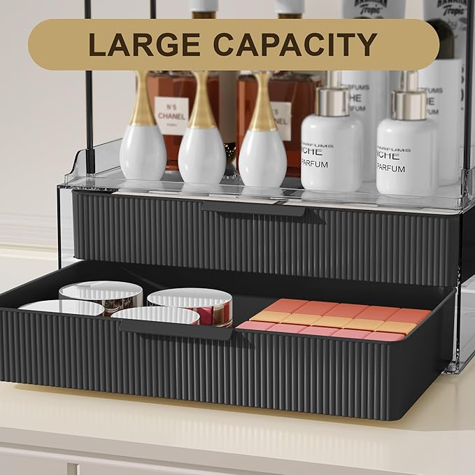 Bathroom Countertop Organizer with 2-Drawer, Large 3 Tier Makeup Organizer for Vanity, Multi-Purpose Makeup Skin Care Organizer for Vanity, Black