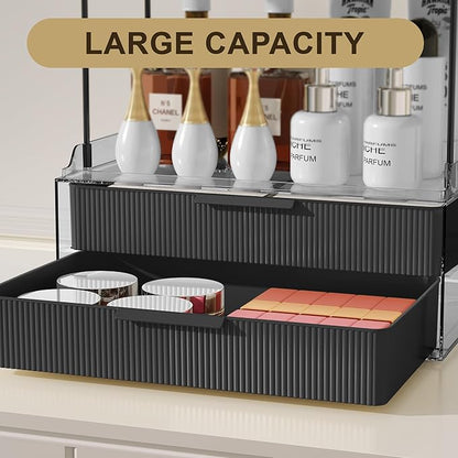 Bathroom Countertop Organizer with 2-Drawer, Large 3 Tier Makeup Organizer for Vanity, Multi-Purpose Makeup Skin Care Organizer for Vanity, Black