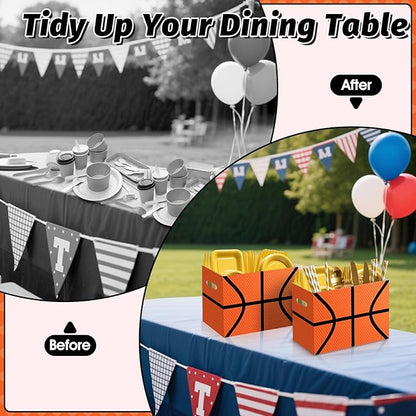 2PCS Basketball Utensil Holder Paper Utensil Caddy for Basketball Party Decorations Disposable Cutlery Holder with Handles for Sports Birthday Party Supplies Boys Party Favors Cutlery Caddy