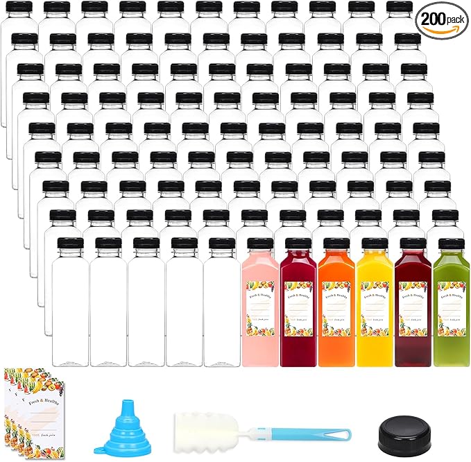 Moretoes 200pcs 16oz Plastic Juice Bottles with Caps, Clear Empty Reusable Water Bottles, Disposable Beverage Containers Bulk for Juicing Smoothies Turmeric Juice Milk and Other Beverages