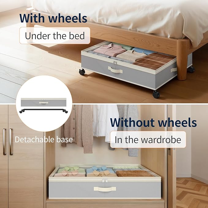 Yecaye 80L Under Bed Storage with Wheels, 2 Pack Under Bed Storage Containers with Lids for Clothes, Shoes and Blankets, Metal Rolling Underbed Storage Drawers for Bedrooms and Dorms, Grey