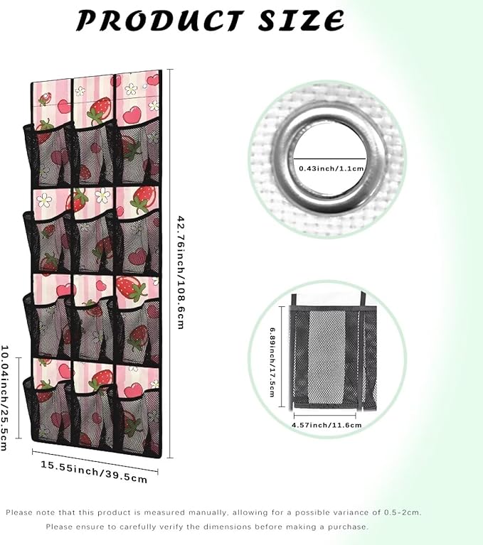 Strawberry Stripe Hanging Storage Bags,Shoe Organizer Door Hanger with 12 Mesh Large Pockets,Behind Door Shoes Hang Holder Rack