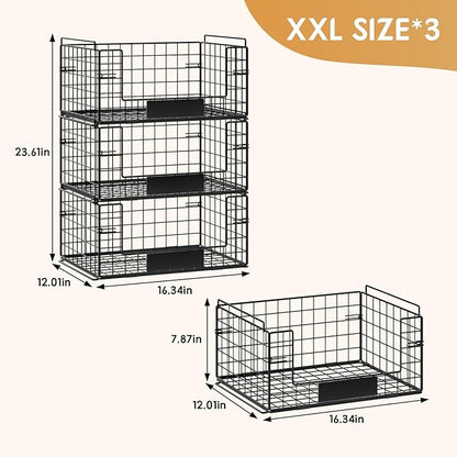 JKsmart 3 Pack XXL Stackable Wire Baskets with Handles for Pantry Storage and Organization, Fruit and Vegetable Basket with Name Plates, Metal Storage Bins for Snack Can Fruit Veggies, XXL