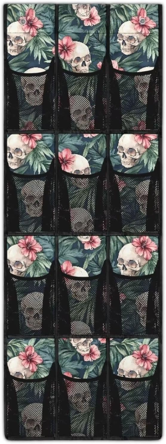 Skull Tropical Flowers Hanging Storage Bags,Shoe Organizer Door Hanger with 12 Mesh Large Pockets,Space Saver Hanging Shoe Storage Hanging Bag