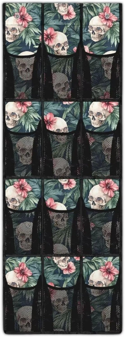 Skull Tropical Flowers Hanging Storage Bags,Shoe Organizer Door Hanger with 12 Mesh Large Pockets,Space Saver Hanging Shoe Storage Hanging Bag