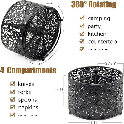 DysanVica 360° Rotating Metal Silverware Caddy - 4 Compartment Utensil Cutlery Holder Fork Spoon Napkin Organizer Flatware Storage Basket Party Countertop Buffet Picnic Camping Outdoor (Black)