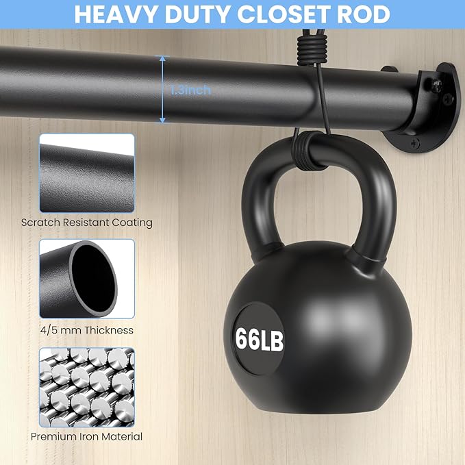 Closet Rods for Hanging Clothes, 17 to 84 Inch Stepless Adjustable Closet Rod, 1.3 Inch Diameter Metal Heavy Duty Closet Hanging Rod for Closet Wardrobes Laundry RV, Black