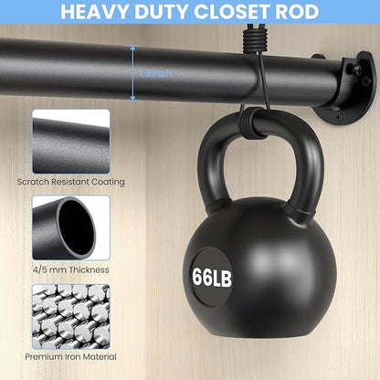 Closet Rods for Hanging Clothes, 17 to 84 Inch Stepless Adjustable Closet Rod, 1.3 Inch Diameter Metal Heavy Duty Closet Hanging Rod for Closet Wardrobes Laundry RV, Black