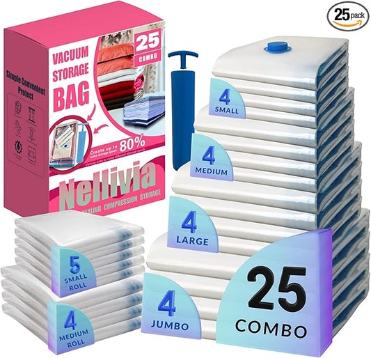 25 Pack Vacuum Storage Bags with Pump, Compression Space Saver for Comforter, Bedding, Blanket Storage, Vacuum Seal Bags for Clothing, Travel Luggage Suitcase and Closet Organizer