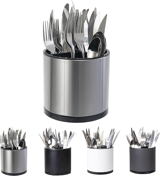 LIBODOUR Kitchen Utensil Holder Small 360°Rotating For Counter Organizer Stainless Steel Storage Silverware Caddy 3 Compartment Flatware Spoon Spatula Tool Cutlery Container