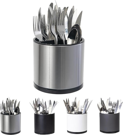 LIBODOUR Kitchen Utensil Holder Small 360°Rotating For Counter Organizer Stainless Steel Storage Silverware Caddy 3 Compartment Flatware Spoon Spatula Tool Cutlery Container