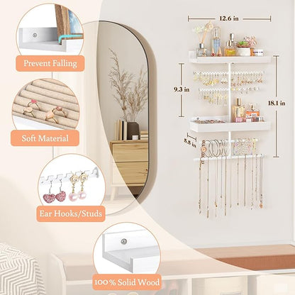Keebofly Wall Mounted Jewelry Organizer with 2 Tired Shelves & Ring Holder- Jewelry Holder Wall Storage Display for Earrings, Necklace, Bracelet, Hair Accessories for girls in Bathroom Bedroom, White