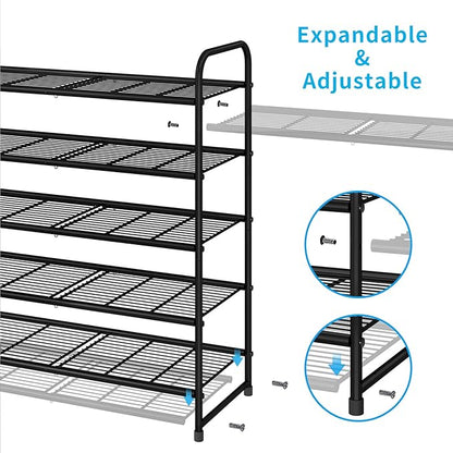 Simple Trending 5-Tier Stackable Shoe Rack, Expandable & Adjustable Shoe Organizer Storage Shelf, Wire Grid, Black