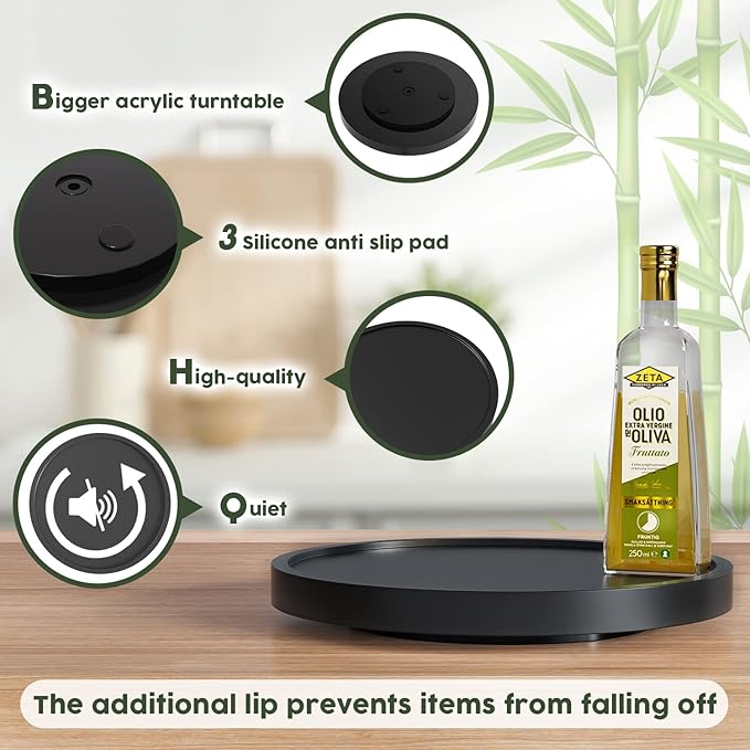 VeyFey Turntable Vanity Tray 10 Inch for Perfume Candle, Bamboo Kitchen Sink Countertop Organizer Keep Glass, Sponge and Soap Bathroom Coffee Table Decorative Black (VFLZ)