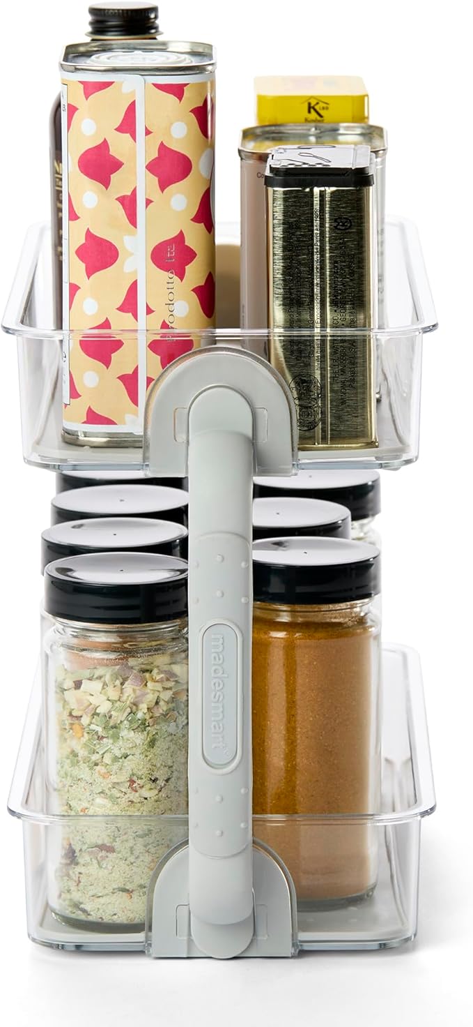 madesmart Tiered Spice Organizer, 8 Jars for Kitchen Essentials, Vertical Storage for Salt, Pepper, Cayenne, Soft-Grip Lining, Dual Handles, Grey (Pack of 3)