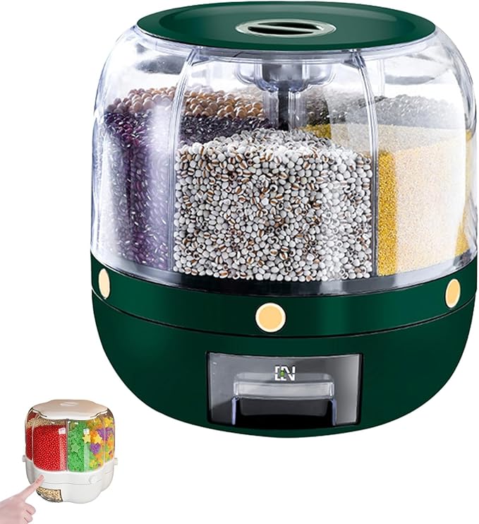 Rotating Candy Dispenser, Candy Dispenser 360° Rotating with 6 Compartments, Christmas Countertop, Large Capacity Grain Storage Container, for Rice, Cereals, Snack, Candies (Large,GREEN)