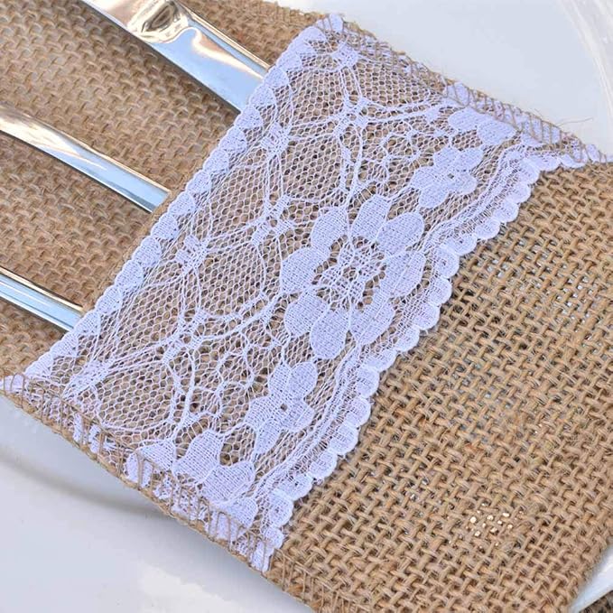 Awtlife 60 Packs Xmas Burlap Lace Utensil Holders Silverware Cutlery Pouch Knifes Forks Bag for Vintage Wedding