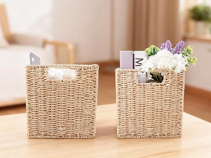 YAHUAN Foldable Paper Rope Storage Cubes 9X9 Hand Woven Wicker Storage Bins Square Basket Storage Baskets for Shelves (Paper rope 2-pack)