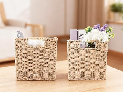 YAHUAN Foldable Paper Rope Storage Cubes 9X9 Hand Woven Wicker Storage Bins Square Basket Storage Baskets for Shelves (Paper rope 2-pack)