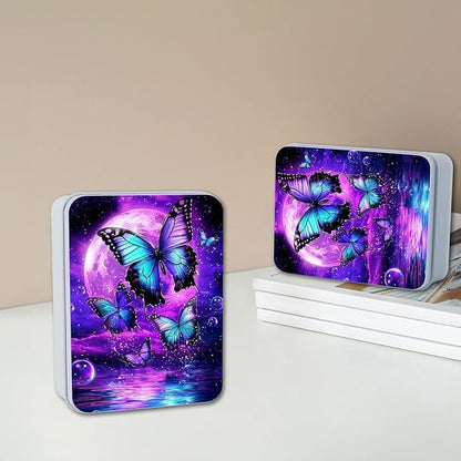 Metal Tin Box with Lid for Game Cards Home Organizer Candles Keys Crafts Storage - Equipped with 4 Magnetic Cord Clips，Purple Moon Blue Butterfly