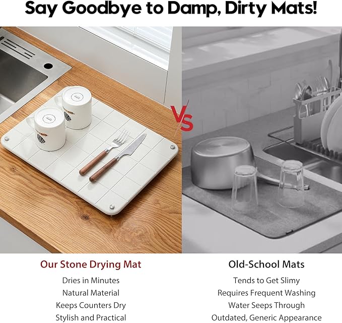 Razborci Stone Dish Drying Mat for Kitchen Counter, Water Absorbing Bathroom Tray Sink Organizer, Diatomaceous Earth Countertop Dish Rack Riser Sponge Holder Soap Dish, Gray Beige, 16" x 12"