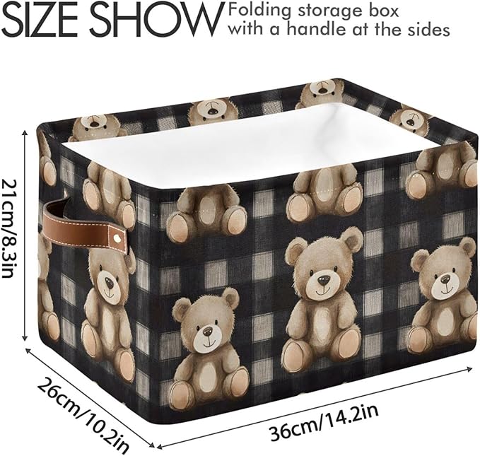 Large Storage Basket Bears Gingham Pattern Storage Bin Cube Canvas Fabric Organizer Handles Collapsible for Clothes Toys Bedroom Decorative
