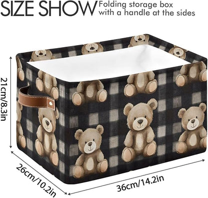Large Storage Basket Bears Gingham Pattern Storage Bin Cube Canvas Fabric Organizer Handles Collapsible for Clothes Toys Bedroom Decorative