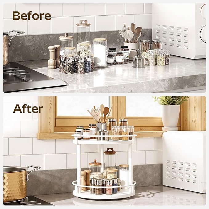 YATINEY Lazy Susan Organizer, Rotating Spice Rack, 2 Tier Spice Turntable Organizer, Industrial Turntable Spice Holder, for Kitchen Countertop, Compact and Versatile, White SR22WW