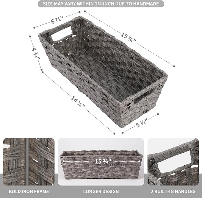 Wicker Storage Baskets for Bathroom, Toilet Tank, Decor - Woven Grey Baskets, 15¾" x 6¾" x 4¾", 2-Pack