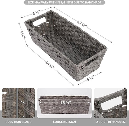 Wicker Storage Baskets for Bathroom, Toilet Tank, Decor - Woven Grey Baskets, 15¾" x 6¾" x 4¾", 2-Pack