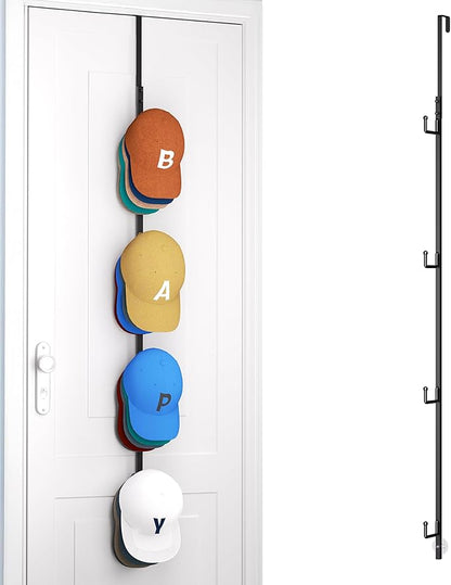 HapiRm Over Door Hat Rack - Hat Organizer with 4 Hooks Design, Hanging Baseball Cap Organizer Storage Holds Up to 20 Caps for Door, Bedroom, Closet (Black)