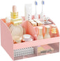 Makeup Organizer with 2 Drawers, Cosmetic Storage for Dresser Vanity and Bathroom Countertop,Make up organization and Skincare Storage with Beauty Brush Holder, Cosmetic Display Case (Pink)