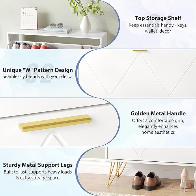 Shoe Cabinet with 2 Flip Drawers, Shoe Storage Cabinet Entryway Slim, White and Gold Narrow Shoe Cabinet w/Metal Legs, Hidden Freestanding Shoe Rack Organizer for Entryway, White