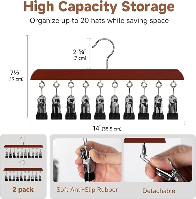StorageWorks Hat Rack, Closet Organizer and Storage for Baseball Caps,Set of 2 with 10 Adjustable Stainless Steel Clips, Fits All Caps, Dark Cherry Color