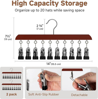 StorageWorks Hat Rack, Closet Organizer and Storage for Baseball Caps,Set of 2 with 10 Adjustable Stainless Steel Clips, Fits All Caps, Dark Cherry Color