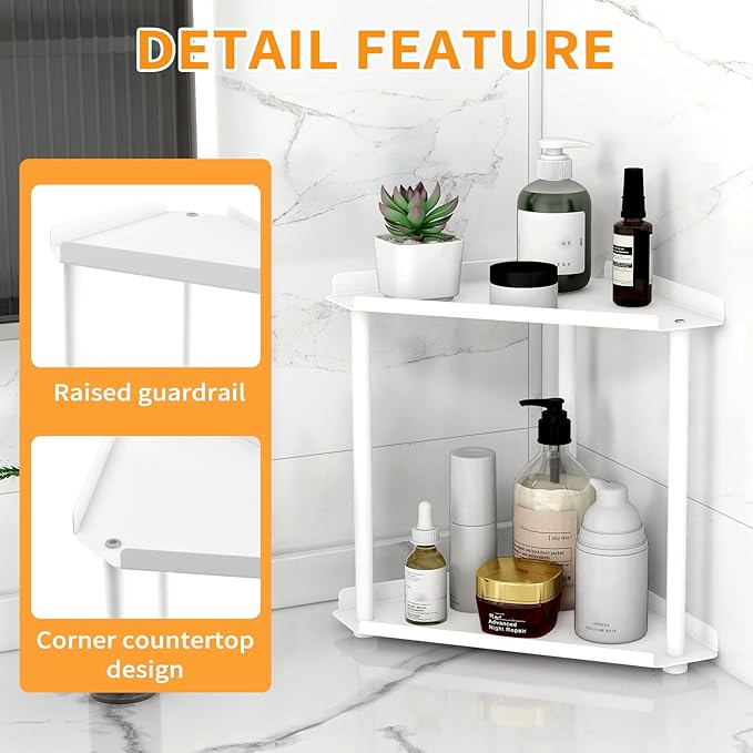 Jesginboo 2 Tier Bathroom Counter Organizer, Vanity Organizer Corner Shelf, Skincare, Makeup Countertop Organizers, Kitchen, Bathroom Counter Storage, White