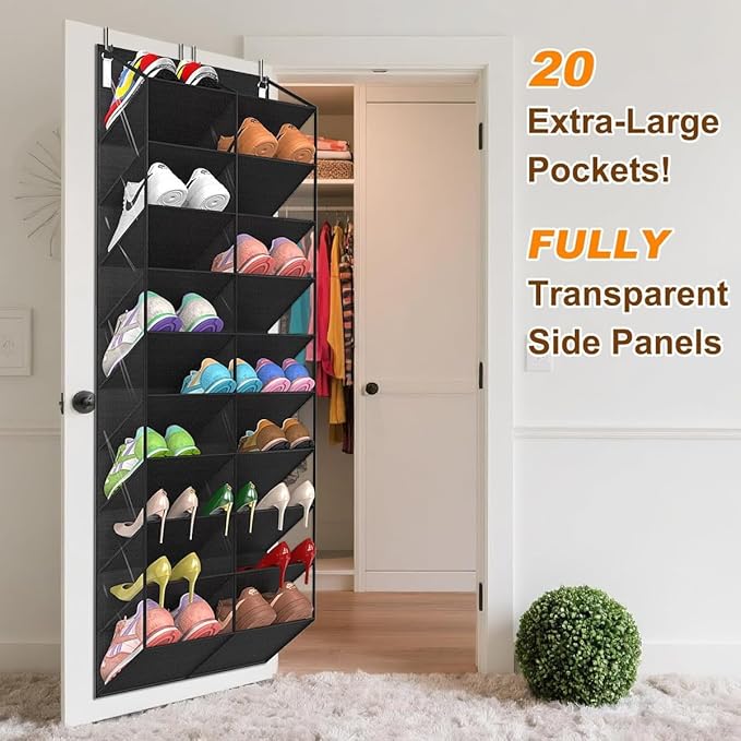 TAKE FIRE Over the Door Shoe Organizer: 10-Tier Clear Pocket Storage for Sneakers, Boots & Heels (20-30 Pairs, Black)