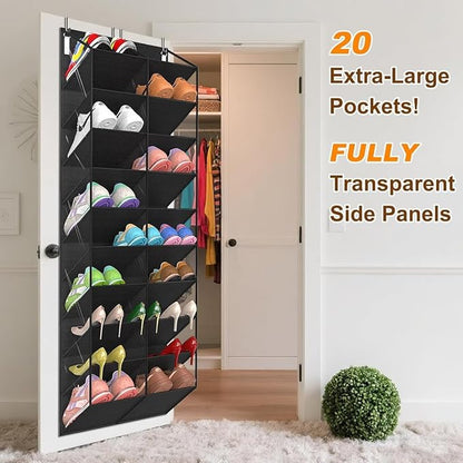 TAKE FIRE Over the Door Shoe Organizer: 10-Tier Clear Pocket Storage for Sneakers, Boots & Heels (20-30 Pairs, Black)