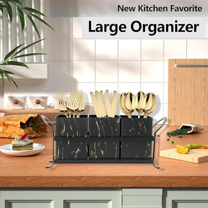 NelyBet Kitchen Utensil holder for Countertop, Silverware Caddy,Golden Marble Black Flatware Holder Utensil Cutlery Organizer for Party Gatherings, Metal and Durable Design